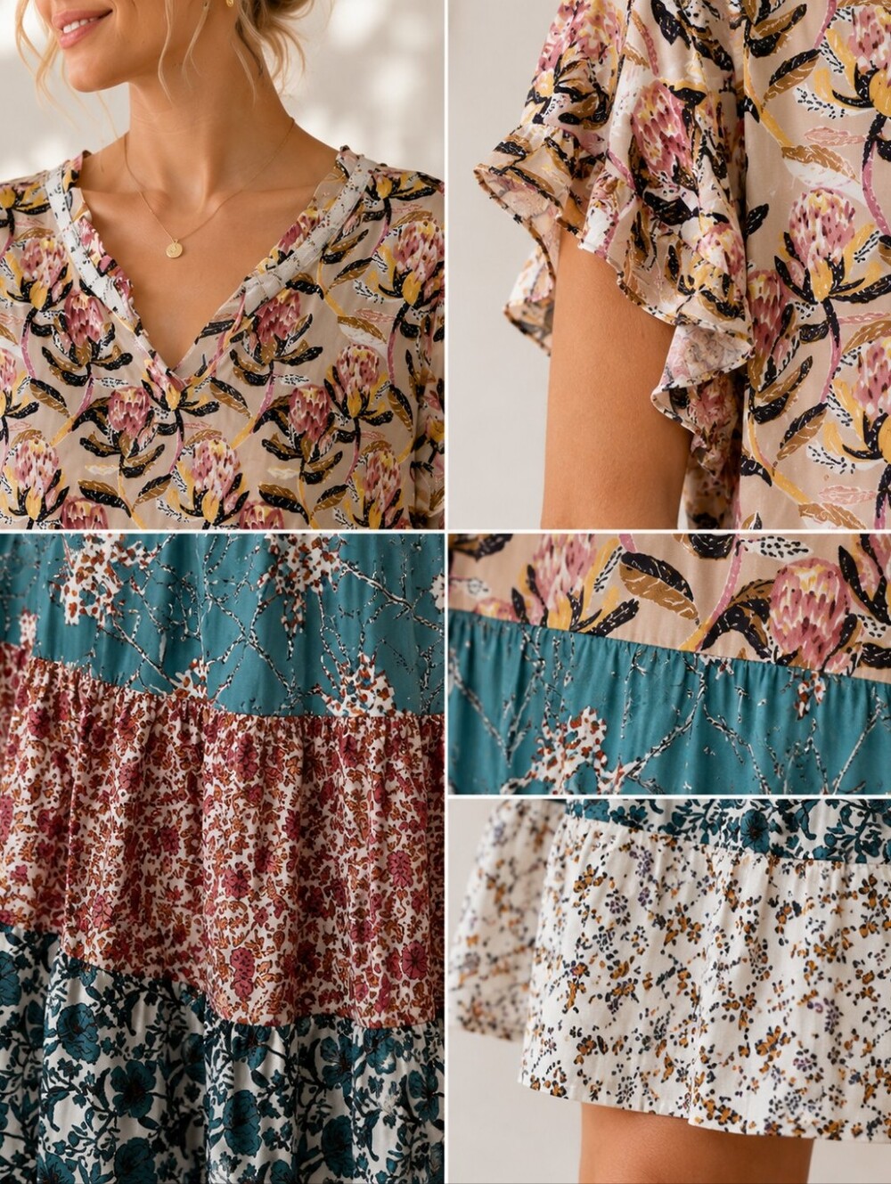Grace & Lace Floral Patchwork Tiered Dress Boho Cottagecore | Size Medium - Picture 3 of 11